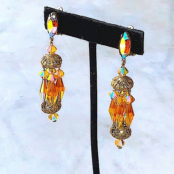 LEWIS SEGAL OF CALIFORNIA EARRINGS CLIP DANGLE AMBER AURORA BOREALIS - Picture 4 of 8